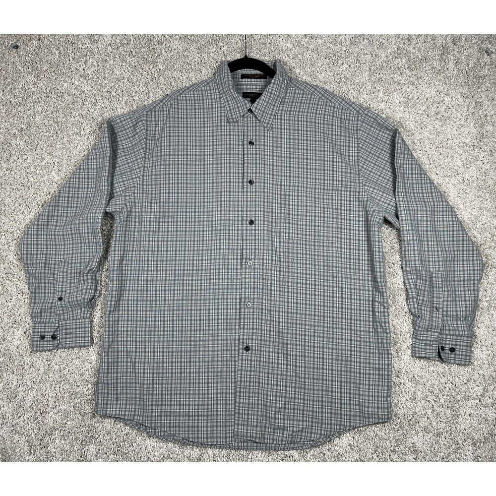 Metro by Lord Taylor Mens L Gray Plaid Button Up Shirt Career Casual